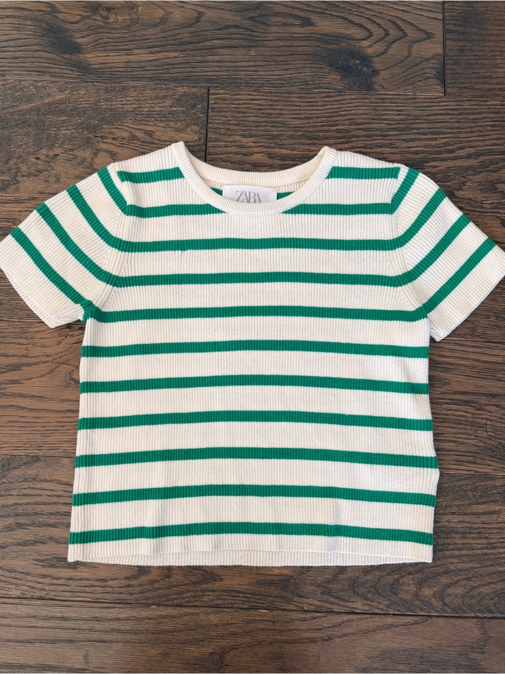 Zara Kids White & Green Striped Short Sleeve Knit Tee Size 9-10